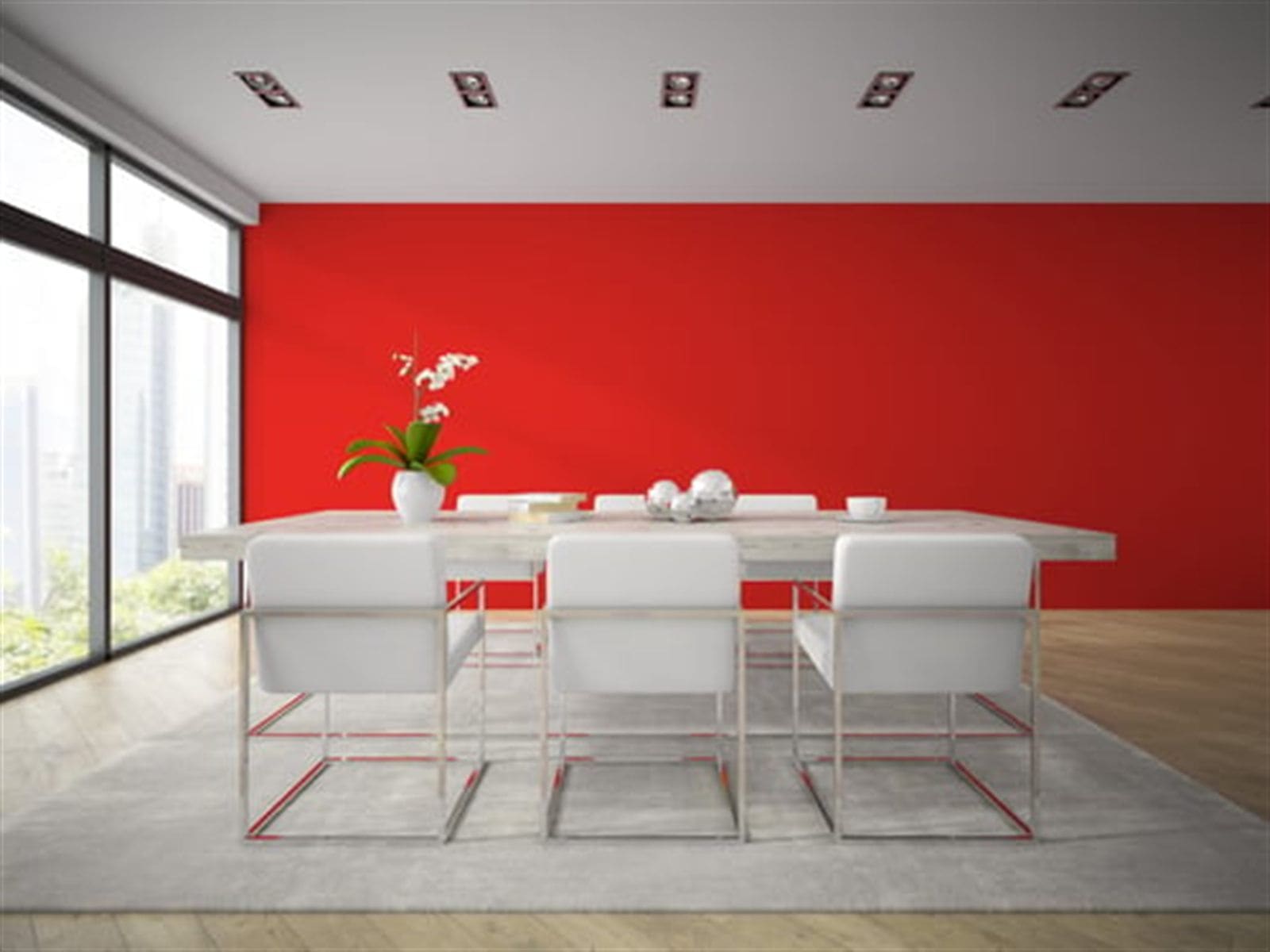 Modern commercial conference room with a bold red painted feature wall