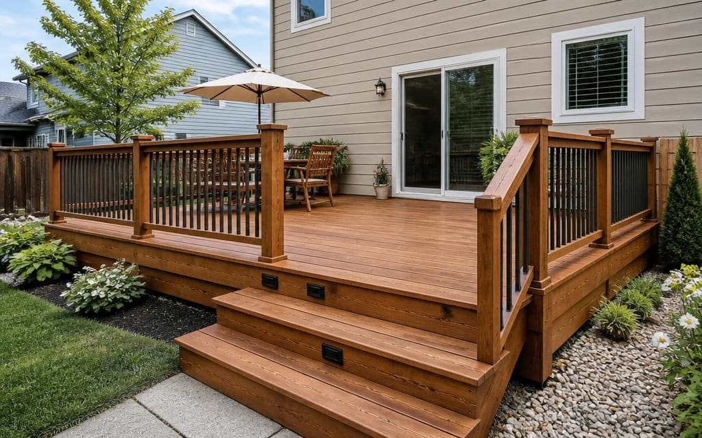 Freshly stained wooden deck with clean railings in an Omaha backyard