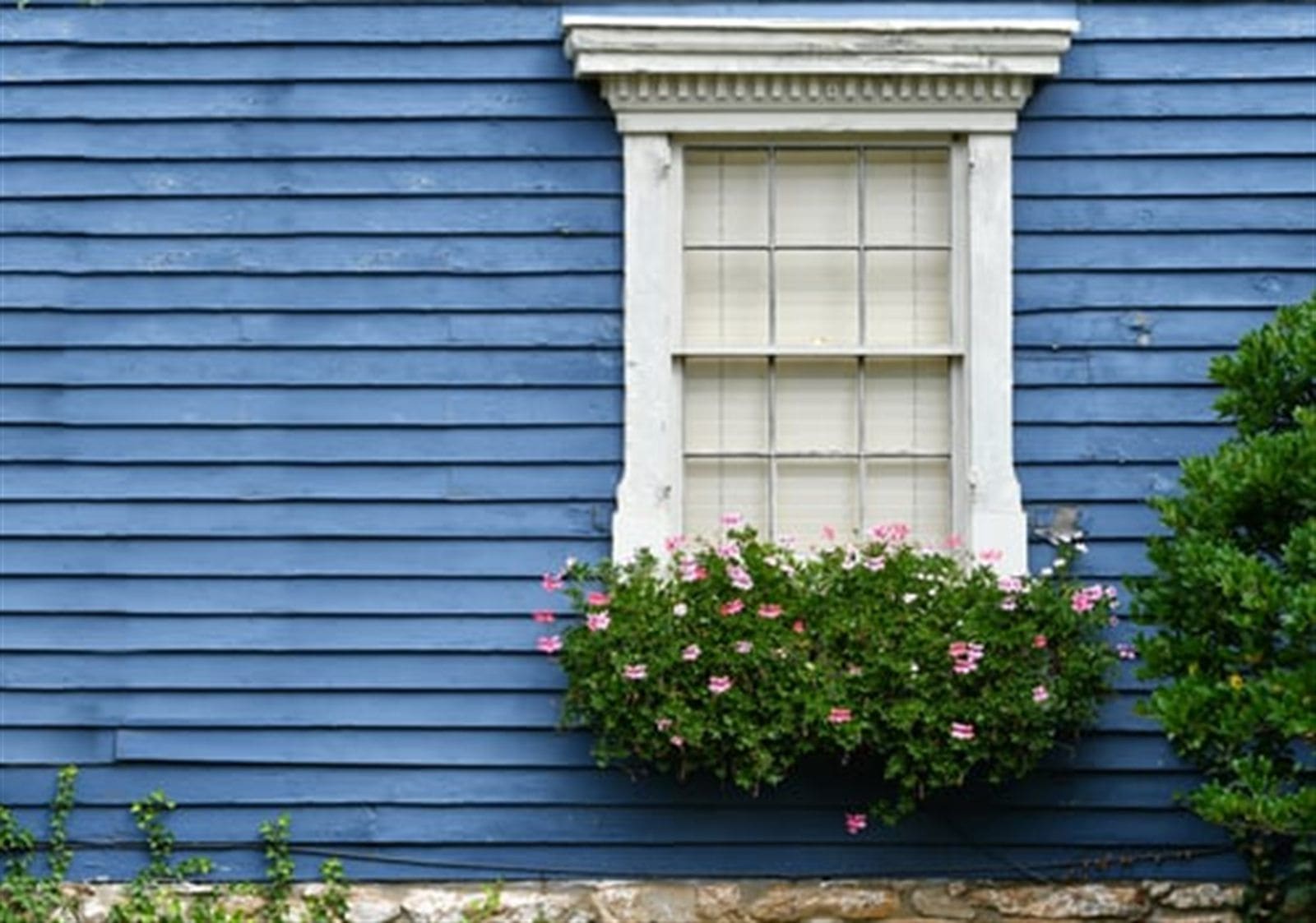 Blue lap siding and a crisp white window frame after an exterior repaint