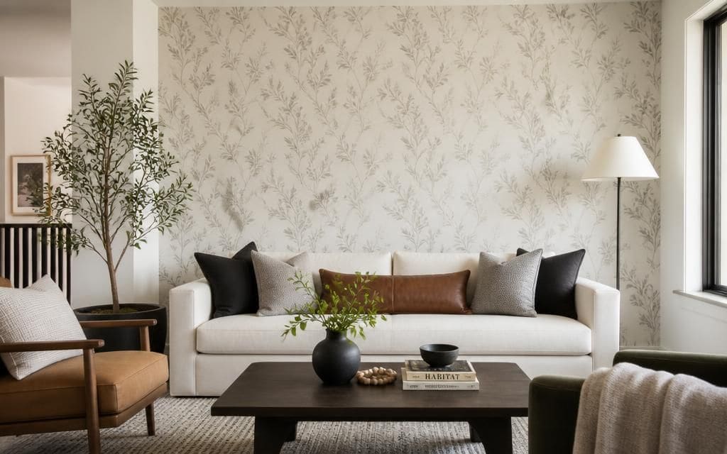 Smooth patterned wallpaper installed on a living room accent wall